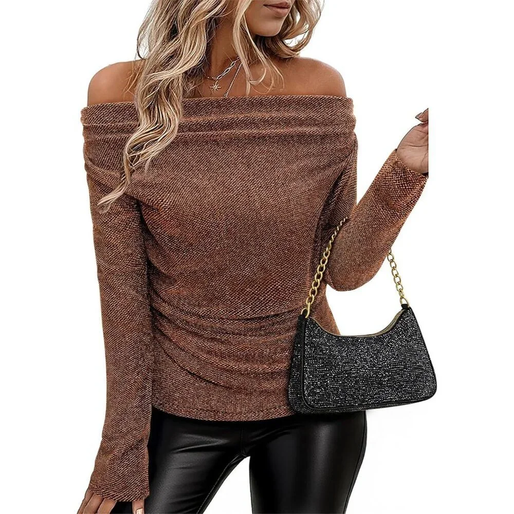 Women's Cowl Neck Long Sleeve Sequin Top Slim Fit Party Blouse - Picture 2 of 7